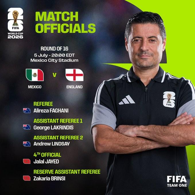 官方:澳大利亚裁判法加尼执法世界杯1/8决赛墨西哥vs英格兰